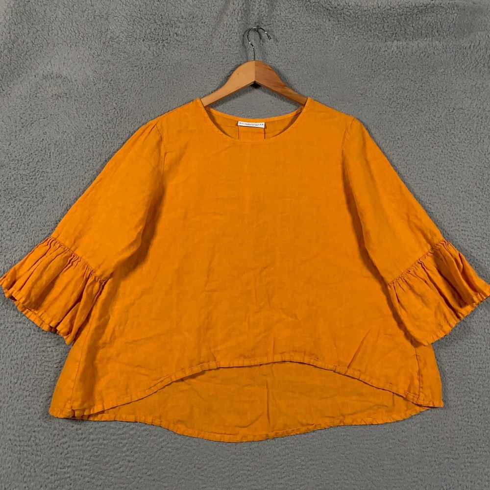 Bryn Walker Linen Casbah Top Blouse Womens Medium Orange Ruffle Bell Sleeve Boho